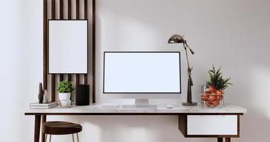 Mock up office table desk. blank computer screen in office modern room. 3d rendering photo