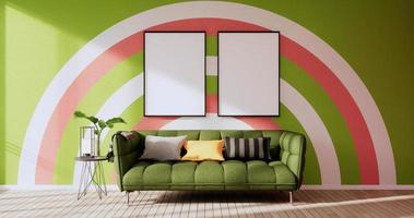 Green and pink wall on living room two tone colorful design.3D rendering photo