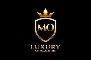 initial MO elegant luxury monogram logo or badge template with scrolls and royal crown - perfect for luxurious branding projects vector