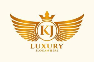 Luxury royal wing Letter KJ crest Gold color Logo vector, Victory logo, crest logo, wing logo, vector logo template.