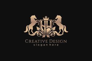 initial HW Retro golden crest with shield and two horses, badge template with scrolls and royal crown - perfect for luxurious branding projects vector