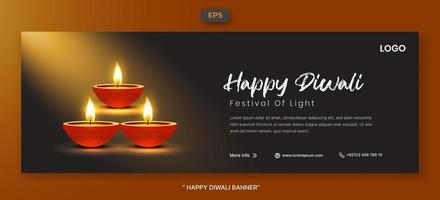 Happy diwali festival of lights with realistic oil lamp element web banner template