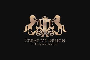 initial HO Retro golden crest with shield and two horses, badge template with scrolls and royal crown - perfect for luxurious branding projects vector