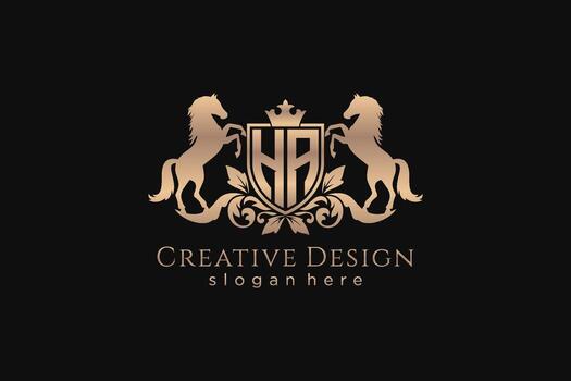 initial HA Retro golden crest with shield and two horses, badge template with scrolls and royal crown - perfect for luxurious branding projects vector