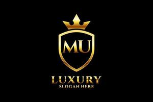 initial MU elegant luxury monogram logo or badge template with scrolls and royal crown - perfect for luxurious branding projects vector