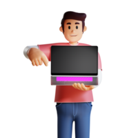 junger mann, der eine zeichenillustration des laptops 3d hält png