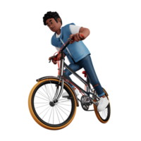 niño de pelo rizado montando una bicicleta ilustración de personaje 3d png