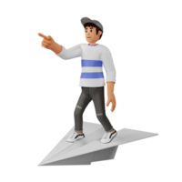 Young man in hat standing on a giant paper plane 3d character illustration png