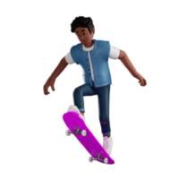 lockigt håriga ung man skateboard medan freestyle 3d karaktär illustration png