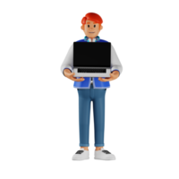 jeune homme aux cheveux rouges tenant un ordinateur portable illustration de personnage 3d png