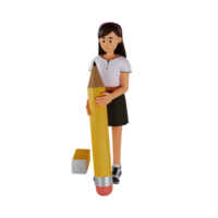 Young woman holding big pencil 3d cartoon character illustration png