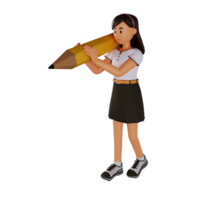 Young woman holding big pencil 3d cartoon character illustration png