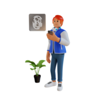 el hombre verifica la huella dactilar del escaneo de identidad antes de acceder a datos móviles, ilustración de personajes en 3d