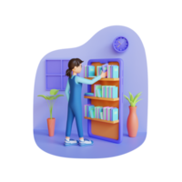 girl choosing a book from the shelf 3d character illustration png