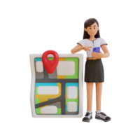 jeune fille vérifiant la carte à l'aide d'une illustration de personnage 3d de téléphone intelligent png