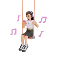 mujer joven escuchando música mientras juega en el columpio ilustración de personaje 3d png