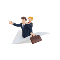 businessman and businesswoman fly on paper plane 3d character illustration png