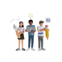 teenager working in group using laptop and hold big pencil while standing 3d character illustration png