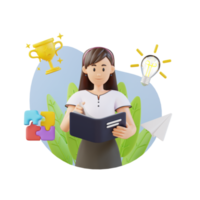 young girl reading a book while standing 3d character illustration png