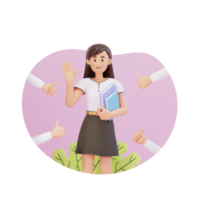 jeune fille saluant tout en portant un livre avec les pouces vers le haut autour d'elle illustration de personnage 3d png