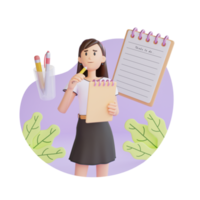 young girl holding notebook while thinking 3d character illustration png