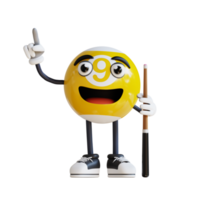 mascota de bola de billar amarilla apuntando hacia arriba ilustración de personaje 3d png
