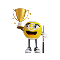 yellow billiard ball mascot holding a trophy 3d character illustration png