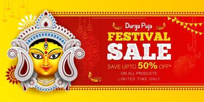 happy durga puja festival sale banner template design navaratri sale banner design with durga maa face illustration vector