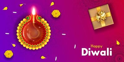 feliz diseño de banner de diwali con diya e ilustración de caja de regalo para encabezado de cartel de banner vector