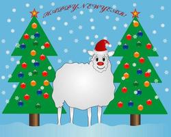 New Year sheep with fir tree toys and snowflakes vector