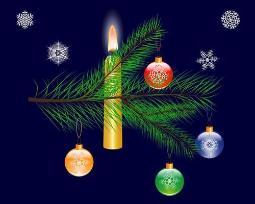 Christmas toy on a branch of a fur-tree and a candle