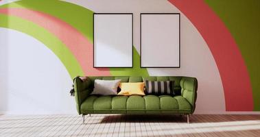 Green and pink wall on living room two tone colorful design.3D rendering photo