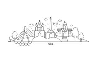 Panorama of Kyiv, main sights of the capital of Ukraine, flat vector isolated on white, line art, inscription Kyiv in Russian