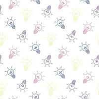 Hand drawn colorful light bulbs on white background, seamless pattern, flat vector