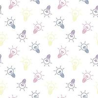 Hand drawn colorful light bulbs on white background, seamless pattern, flat vector