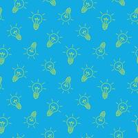 Hand drawn yellow light bulbs on blue background, seamless pattern, flat vector