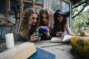 Three vintage witches perform magic ritual photo