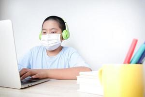 los estudiantes varones asiáticos aprenden en línea desde casa a través de videollamadas, usando sus computadoras portátiles para comunicarse con sus maestros. distancia social para reducir la propagación del coronavirus foto