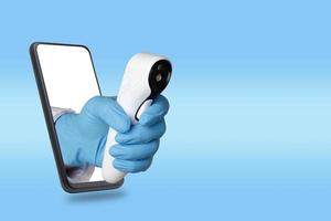 Black smartphone concept Connect to communication via online technology. The doctor can examine the patient via video call. Body temperature measurement, coronavirus check. Clipping Path photo