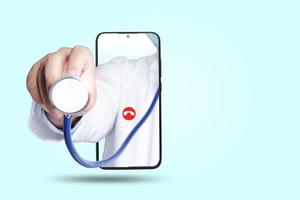 Black smartphone concept Connect to communication via online technology. The doctor can examine the patient via video call. Blue background. Clipping Path photo