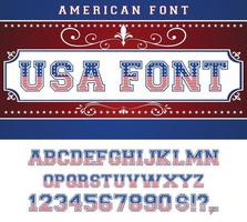 USA national flag stylized flat font. Alphabet and numbers in vector set