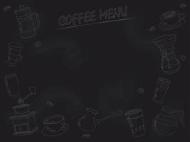 Coffee drinks menu with beverage contours and copy space drawn on blackboard vector illustration