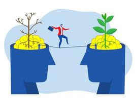 Businessman crossing  over big head on tiny rope ,Overcoming fixed mindset different growth mindset concept vector illustration.