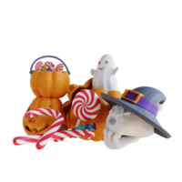 ilustração 3d doce de abóbora fantasma fofo e crânio png