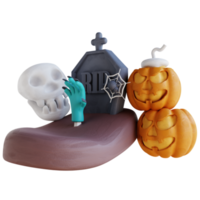 ilustração 3d sepultura de mão de zumbi de abóbora e crânio