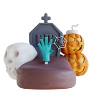 3d illustration pumpkin and skull zombie hand grave png