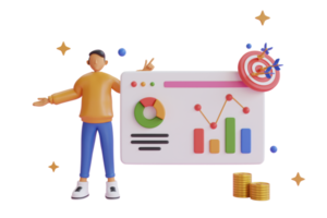 3D-Finanzberichtsdiagramm, Datenanalyse und Webentwicklungskonzept. Tablet mit Datendiagramm. Geschäftszielerreichungskonzept. 3D-Rendering png