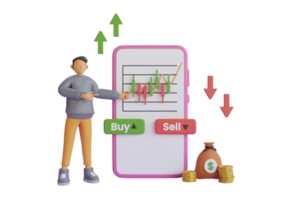 3d smartphone med Graf Diagram köpa och sälja aktier, stock marknadsföra index, ljusstake, handel grafisk, stock marknadsföra Graf, finansiell investering Diagram. köpa och sälja knapp. telefon med köpa och sälja knappar png