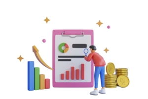 concepto de estrategia empresarial 3d. gráficos y gráficos con carácter de hombre de negocios, análisis de datos financieros comerciales. análisis de datos financieros comerciales, cuadros y gráficos, lupa, monedas de dólar, png