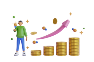 3D gráfico para cima seta em pilhas de moedas. sucesso financeiro e conceito de crescimento. dinheiro de moedas de ouro, ícone de gráfico de negócios. rosa para cima pilhas de seta e moedas no fundo roxo. renderização em 3D png